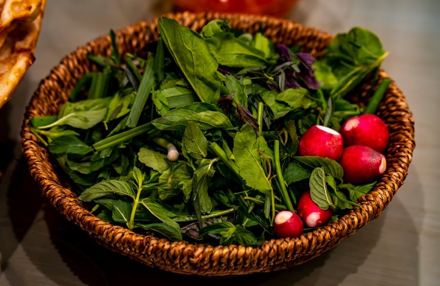 Flaming Kabob A woven basket filled with fresh green leafy vegetables and three small red radishes. Commerce TWP, MI