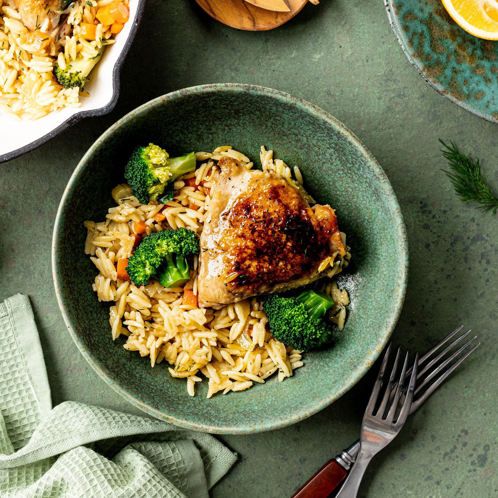 One pot mediterranean style chicken orzo pasta.