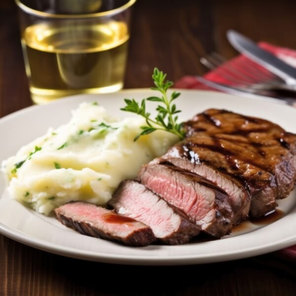 Grilled sirloin steak with a side of mashed potatoes on a dinner plate