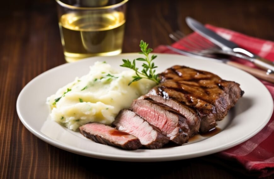 Grilled sirloin steak with a side of mashed potatoes on a dinner plate
