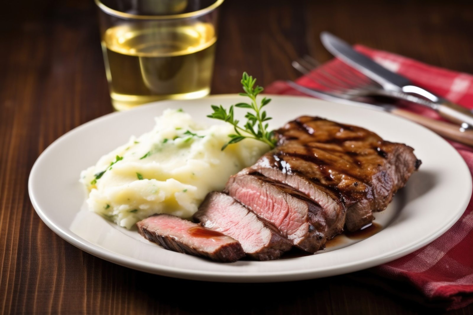 Grilled sirloin steak with a side of mashed potatoes on a dinner plate