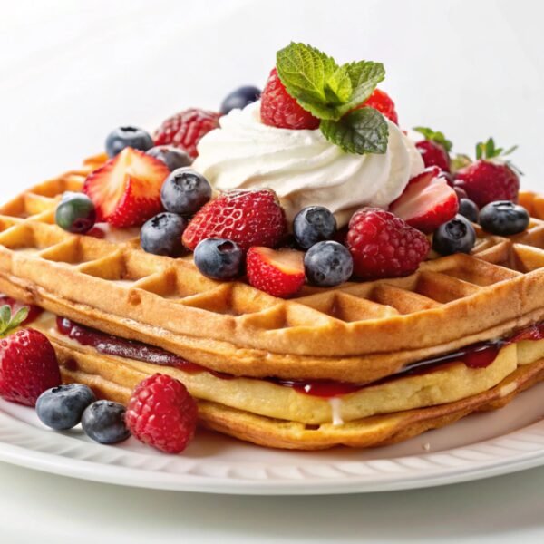 Two waffles topped with whipped cream, berries, and jam on a white plate.