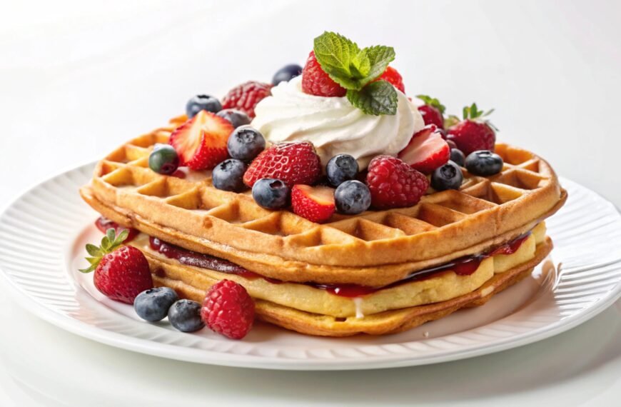 Two waffles topped with whipped cream, berries, and jam on a white plate.