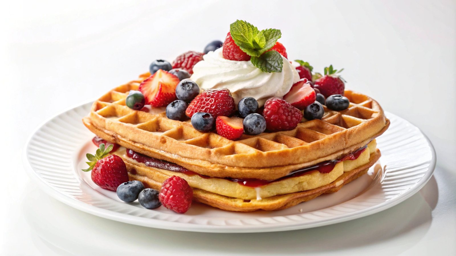 Two waffles topped with whipped cream, berries, and jam on a white plate.