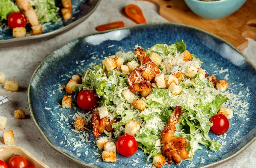 Caesar salad with fried shrimps