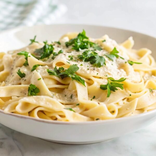 A plate of fettuccine alfredo with fresh parsley.