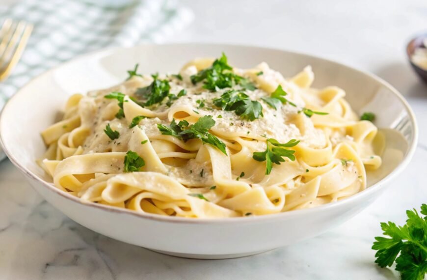 A plate of fettuccine alfredo with fresh parsley.