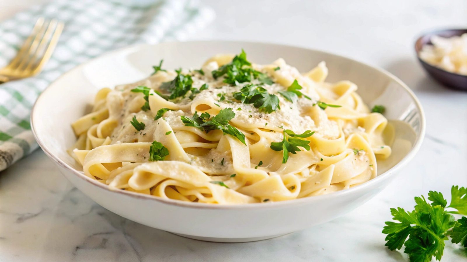 A plate of fettuccine alfredo with fresh parsley.