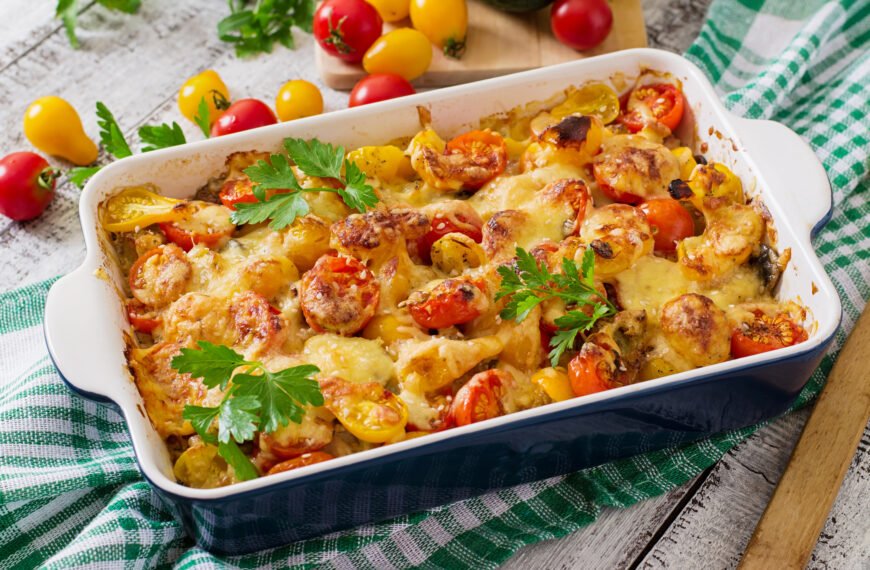 Vegetarian vegetable casserole with zucchini, mushrooms and cherry tomatoes